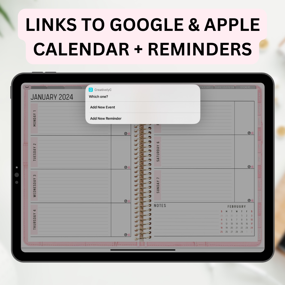 2024 Fully Hyperlinked Pink Minimalistic Life Planner (w/ Links to Google & Apple Calendars + Reminders)